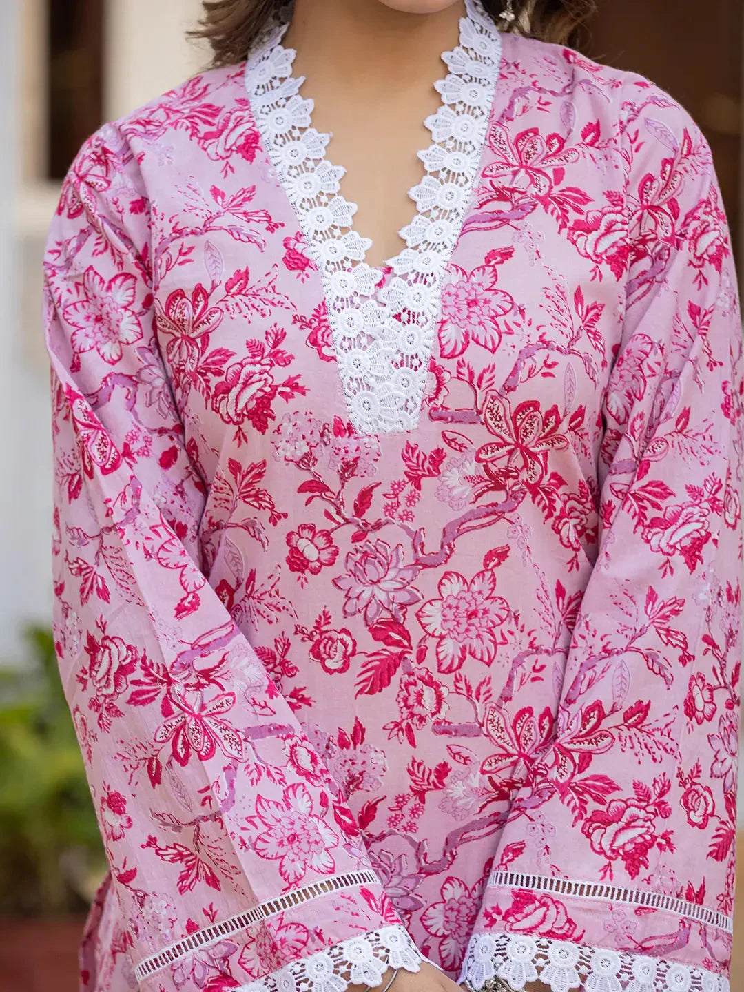 Yufta Pink Floral Print Pakistani Style Kurta Trouser And Dupatta Set | Grocsy