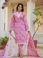 Yufta Pink Floral Print Pakistani Style Kurta Trouser And Dupatta Set | Grocsy