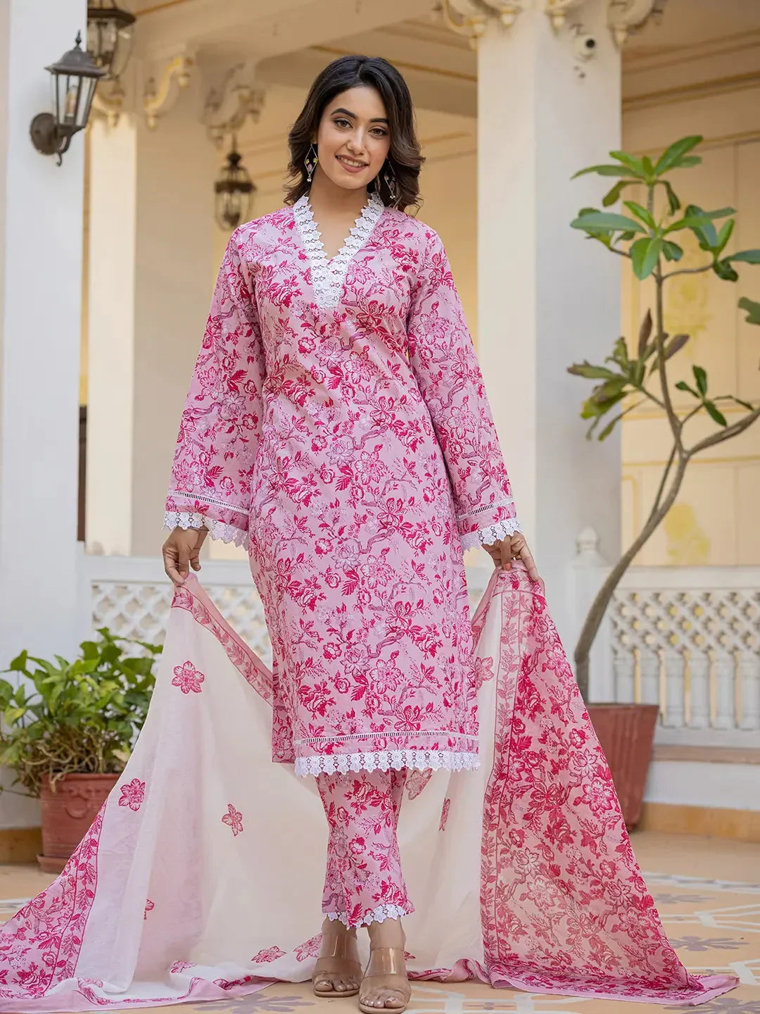 Yufta Pink Floral Print Pakistani Style Kurta Trouser And Dupatta Set | Grocsy