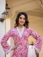 Yufta Pink Floral Print Pakistani Style Kurta Trouser And Dupatta Set | Grocsy