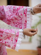 Yufta Pink Floral Print Pakistani Style Kurta Trouser And Dupatta Set | Grocsy