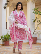 Yufta Pink Floral Print Pakistani Style Kurta Trouser And Dupatta Set | Grocsy