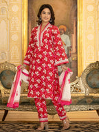 Yufta Pink Floral Print Straight Pakistani Style Kurta Trouser And Dupatta Set | Grocsy