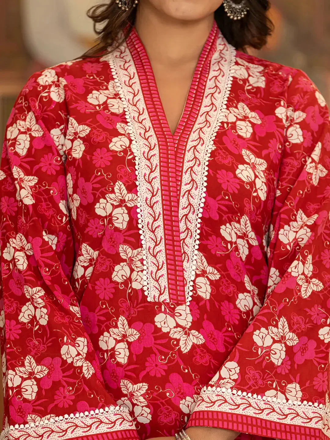 Yufta Pink Floral Print Straight Pakistani Style Kurta Trouser And Dupatta Set | Grocsy