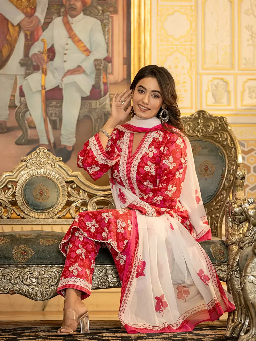 Yufta Pink Floral Print Straight Pakistani Style Kurta Trouser And Dupatta Set | Grocsy
