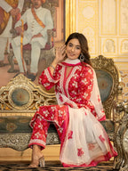 Yufta Pink Floral Print Straight Pakistani Style Kurta Trouser And Dupatta Set | Grocsy