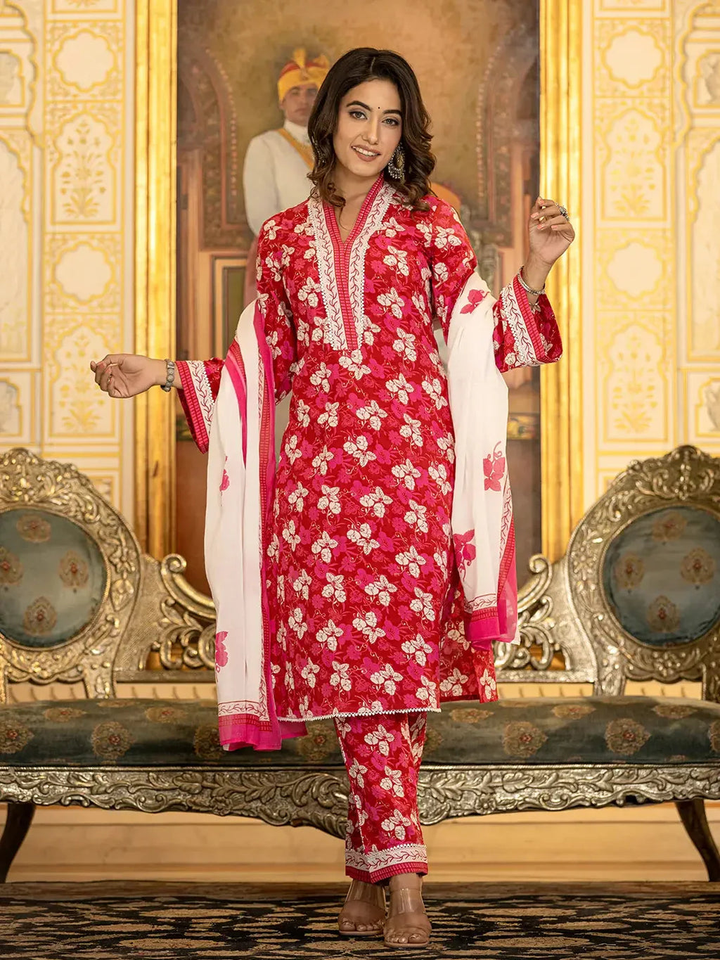 Yufta Pink Floral Print Straight Pakistani Style Kurta Trouser And Dupatta Set | Grocsy