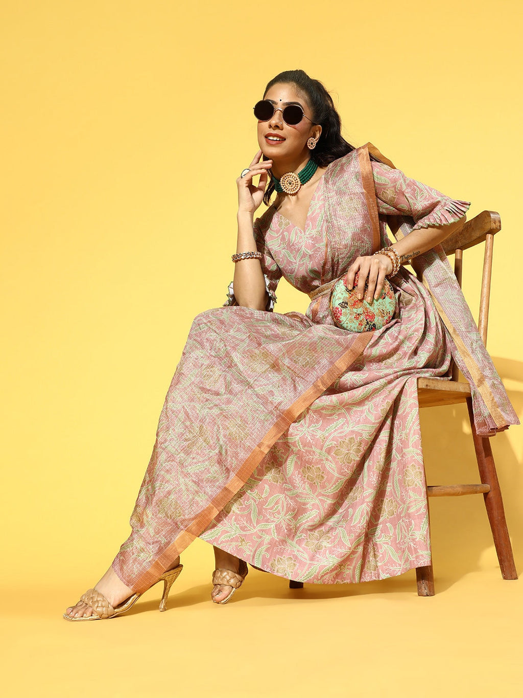 Yufta Pink & Green Floral Print Dress with Dupatta | Grocsy