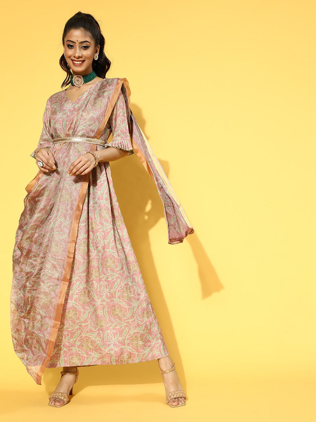 Yufta Pink & Green Floral Print Dress with Dupatta | Grocsy