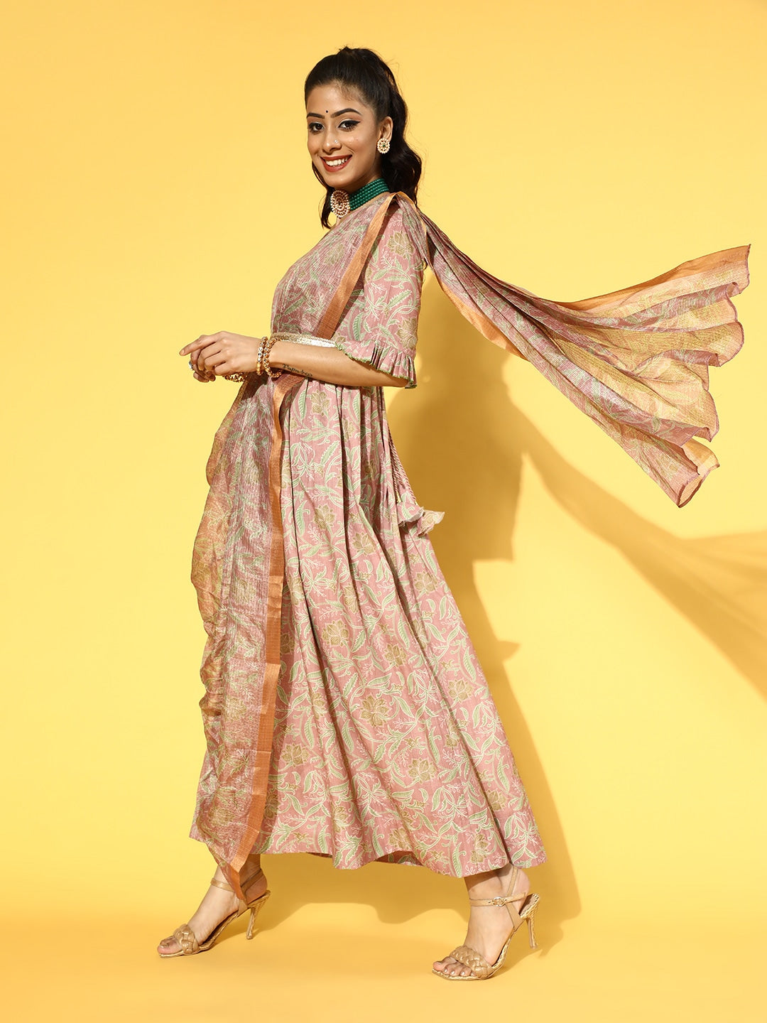 Yufta Pink & Green Floral Print Dress with Dupatta | Grocsy
