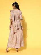 Yufta Pink & Green Floral Print Dress with Dupatta | Grocsy
