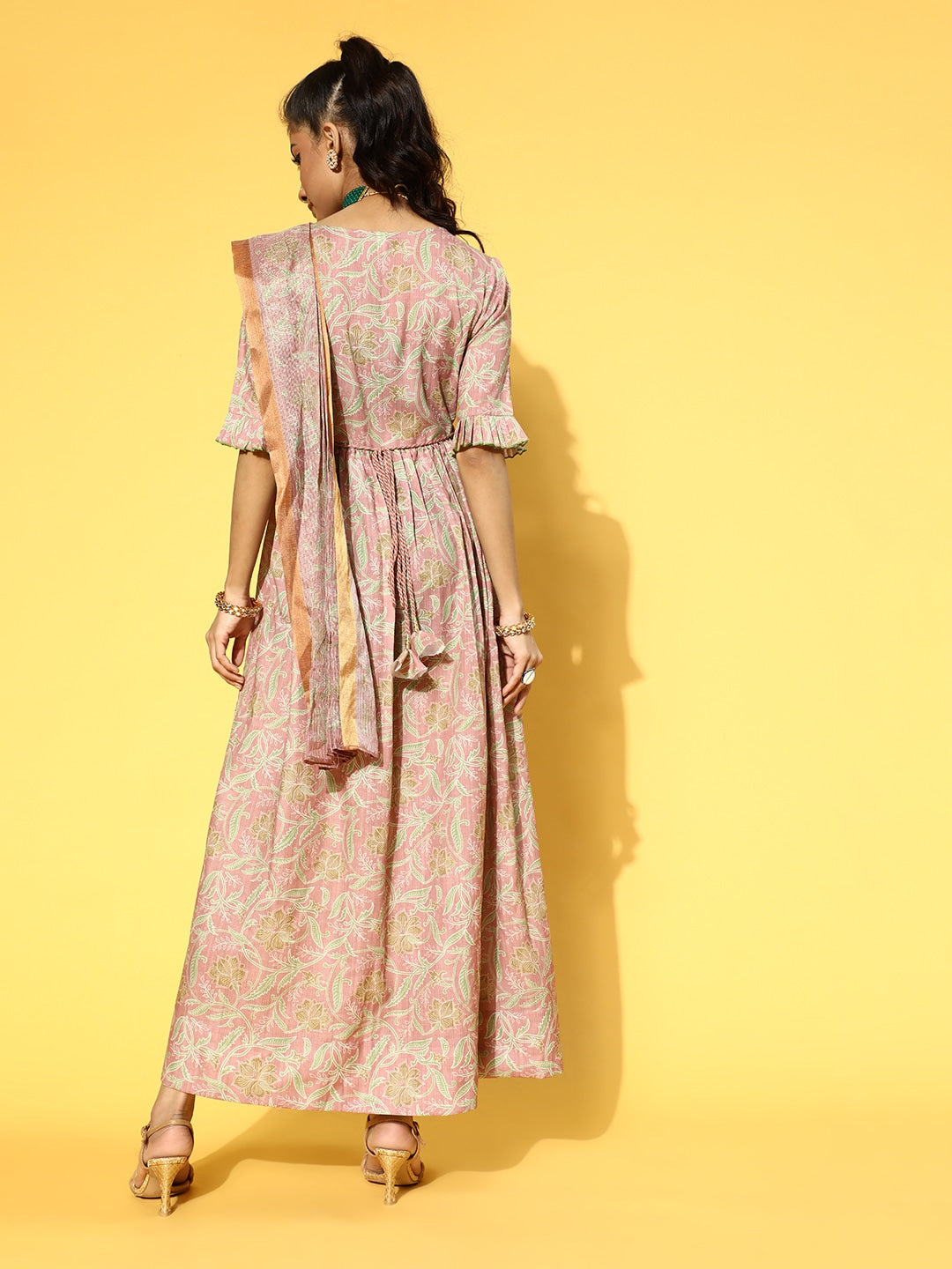 Yufta Pink & Green Floral Print Dress with Dupatta | Grocsy