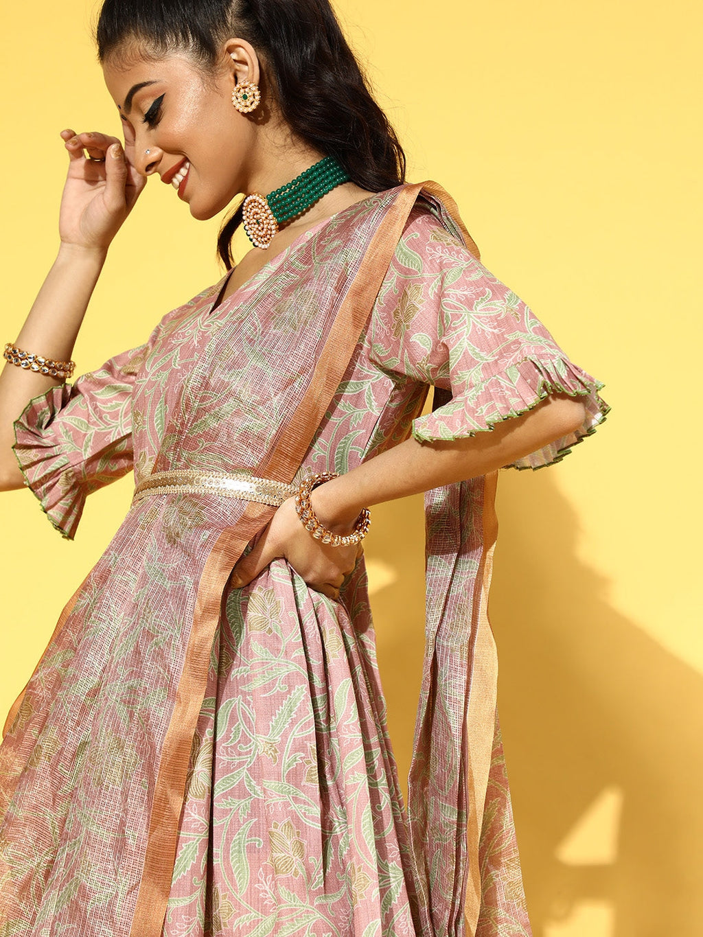 Yufta Pink & Green Floral Print Dress with Dupatta | Grocsy