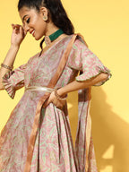 Yufta Pink & Green Floral Print Dress with Dupatta | Grocsy
