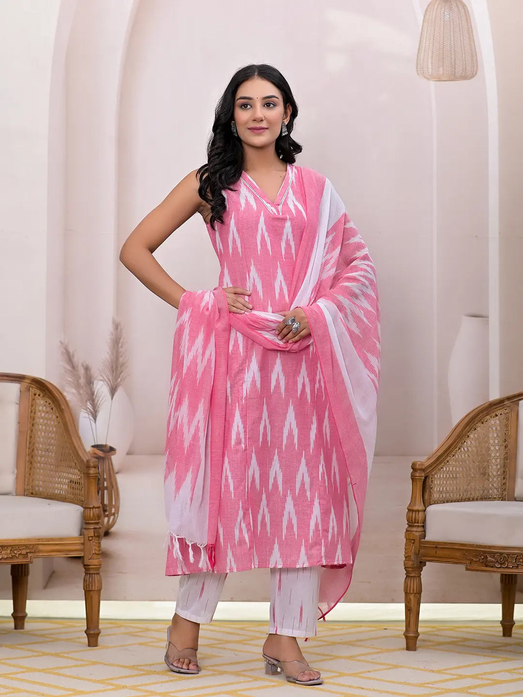 Yufta Pink Ikat Print Pure Cotton A-Line Suit Set | Grocsy