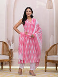 Yufta Pink Ikat Print Pure Cotton A-Line Suit Set | Grocsy
