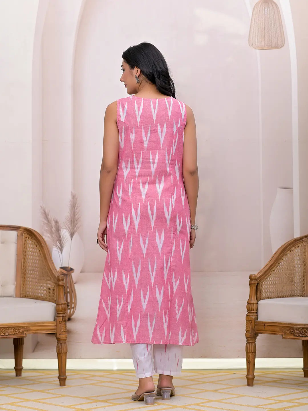 Yufta Pink Ikat Print Pure Cotton A-Line Suit Set | Grocsy