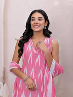 Yufta Pink Ikat Print Pure Cotton A-Line Suit Set | Grocsy