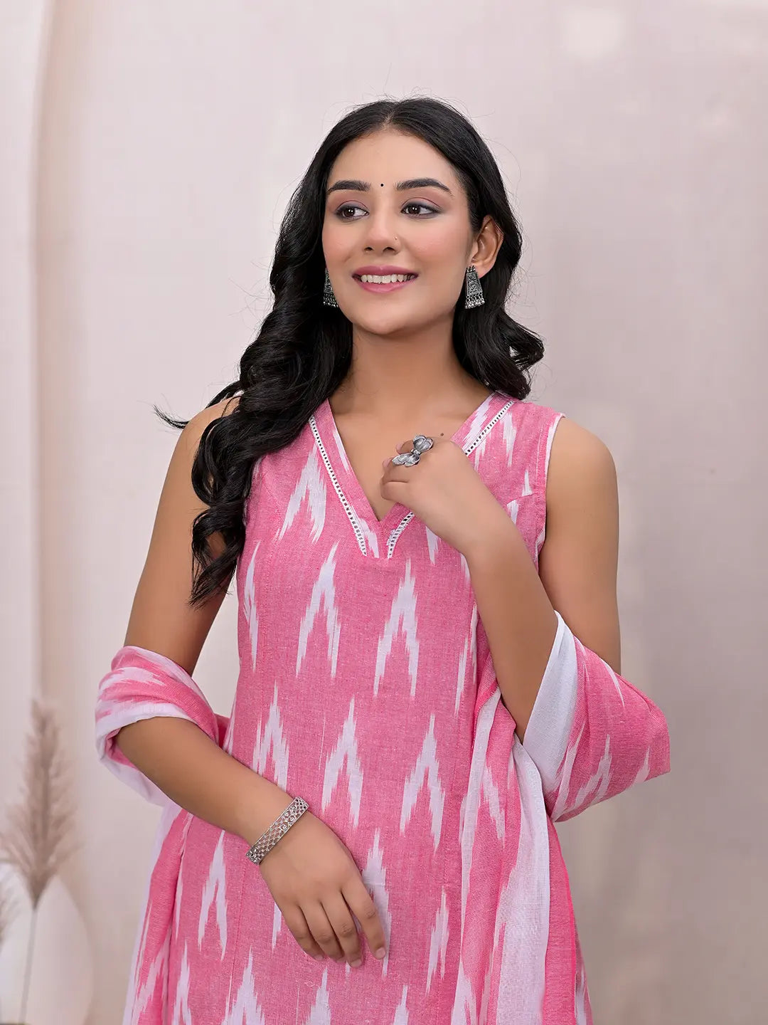 Yufta Pink Ikat Print Pure Cotton A-Line Suit Set | Grocsy