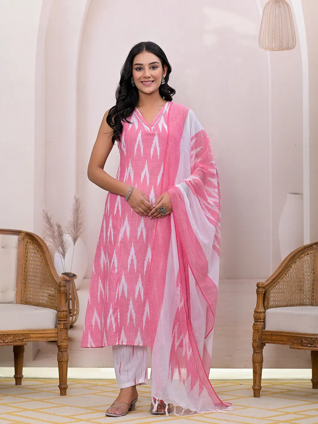 Yufta Pink Ikat Print Pure Cotton A-Line Suit Set | Grocsy