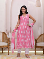 Yufta Pink Ikat Print Pure Cotton A-Line Suit Set | Grocsy