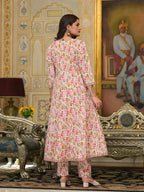 Yufta Pink Leaf Print Zari Work Anarkali Kurta Trouser With Dupatta Set | Grocsy