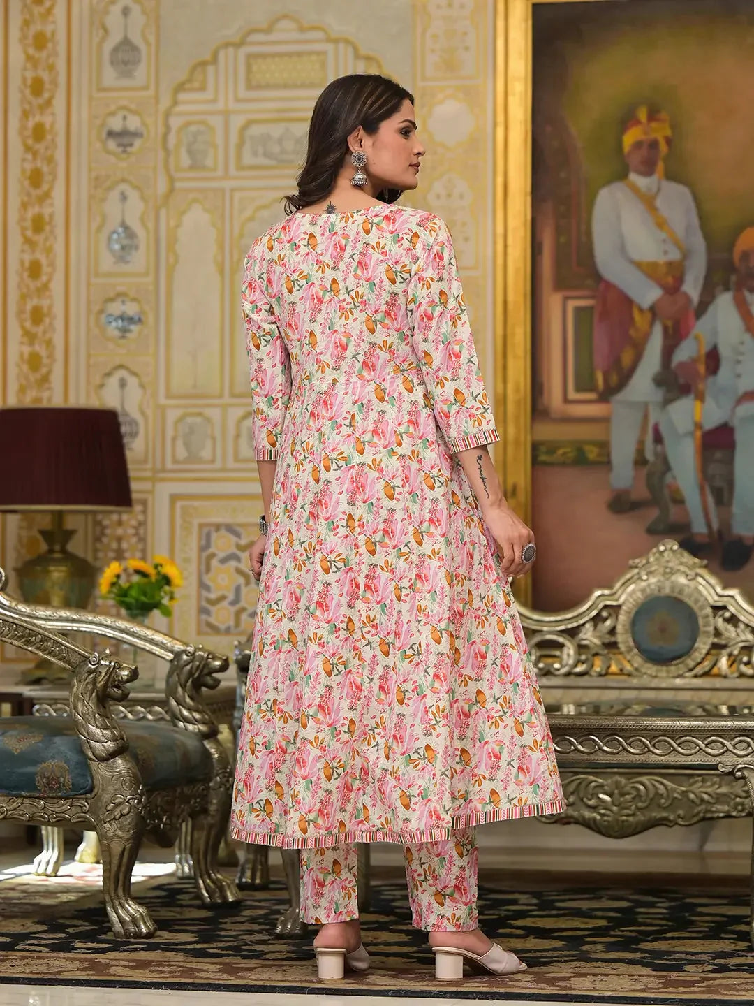 Yufta Pink Leaf Print Zari Work Anarkali Kurta Trouser With Dupatta Set | Grocsy