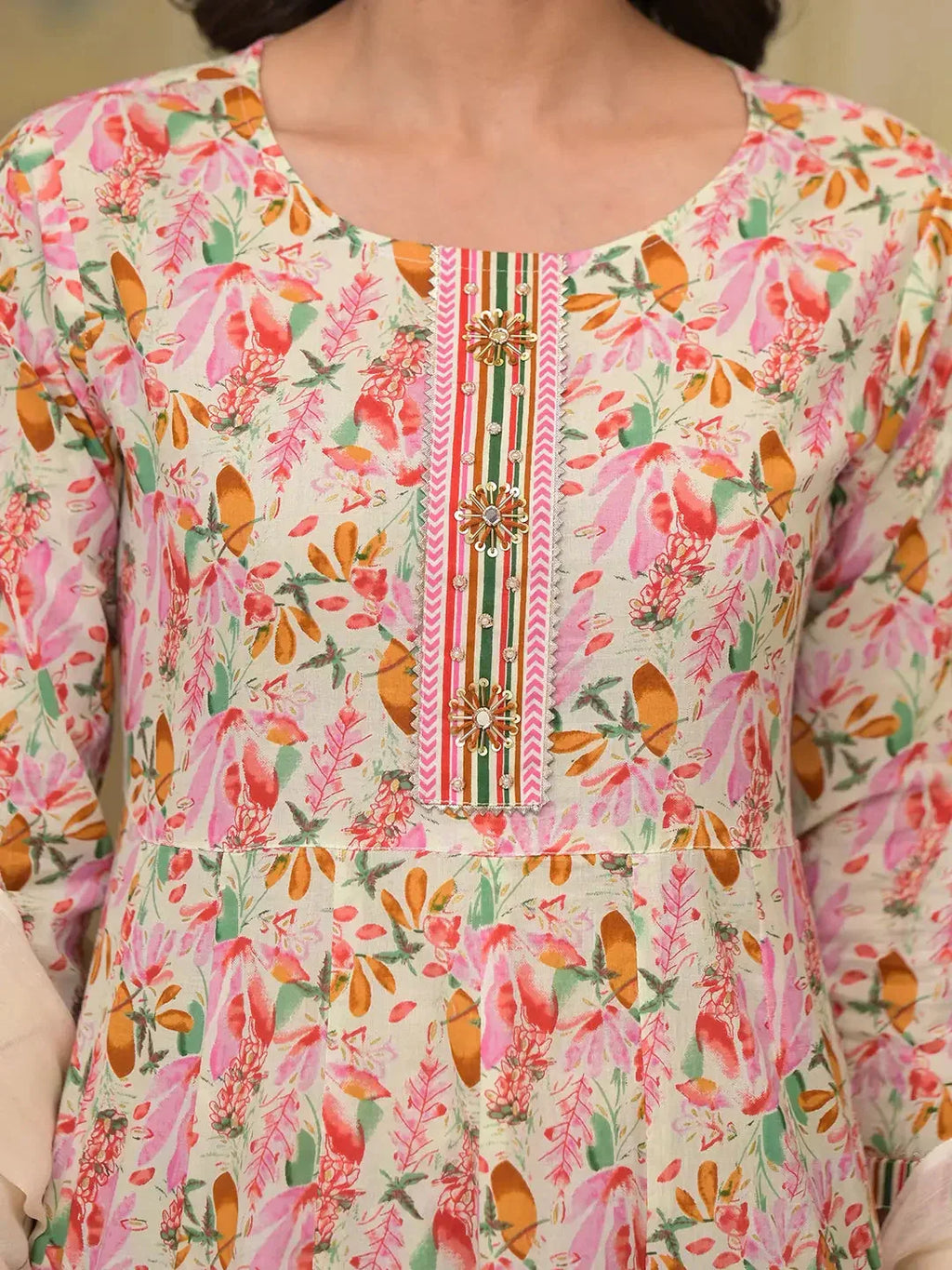Yufta Pink Leaf Print Zari Work Anarkali Kurta Trouser With Dupatta Set | Grocsy