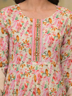Yufta Pink Leaf Print Zari Work Anarkali Kurta Trouser With Dupatta Set | Grocsy