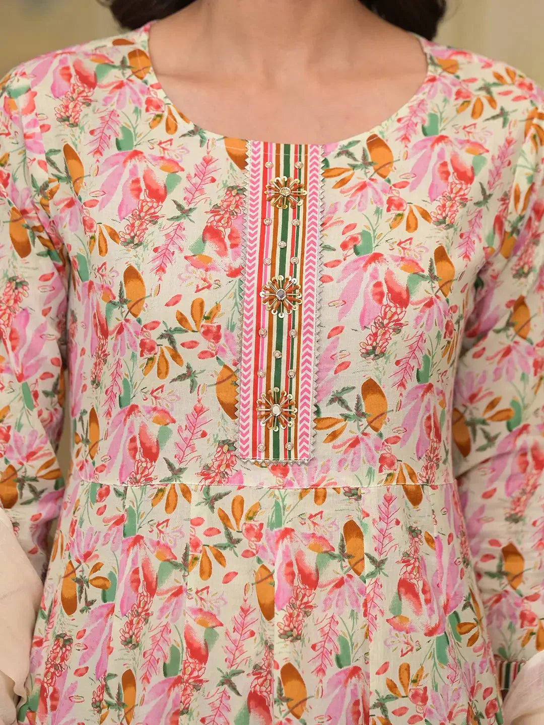 Yufta Pink Leaf Print Zari Work Anarkali Kurta Trouser With Dupatta Set | Grocsy