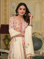 Yufta Pink Leaf Print Zari Work Anarkali Kurta Trouser With Dupatta Set | Grocsy