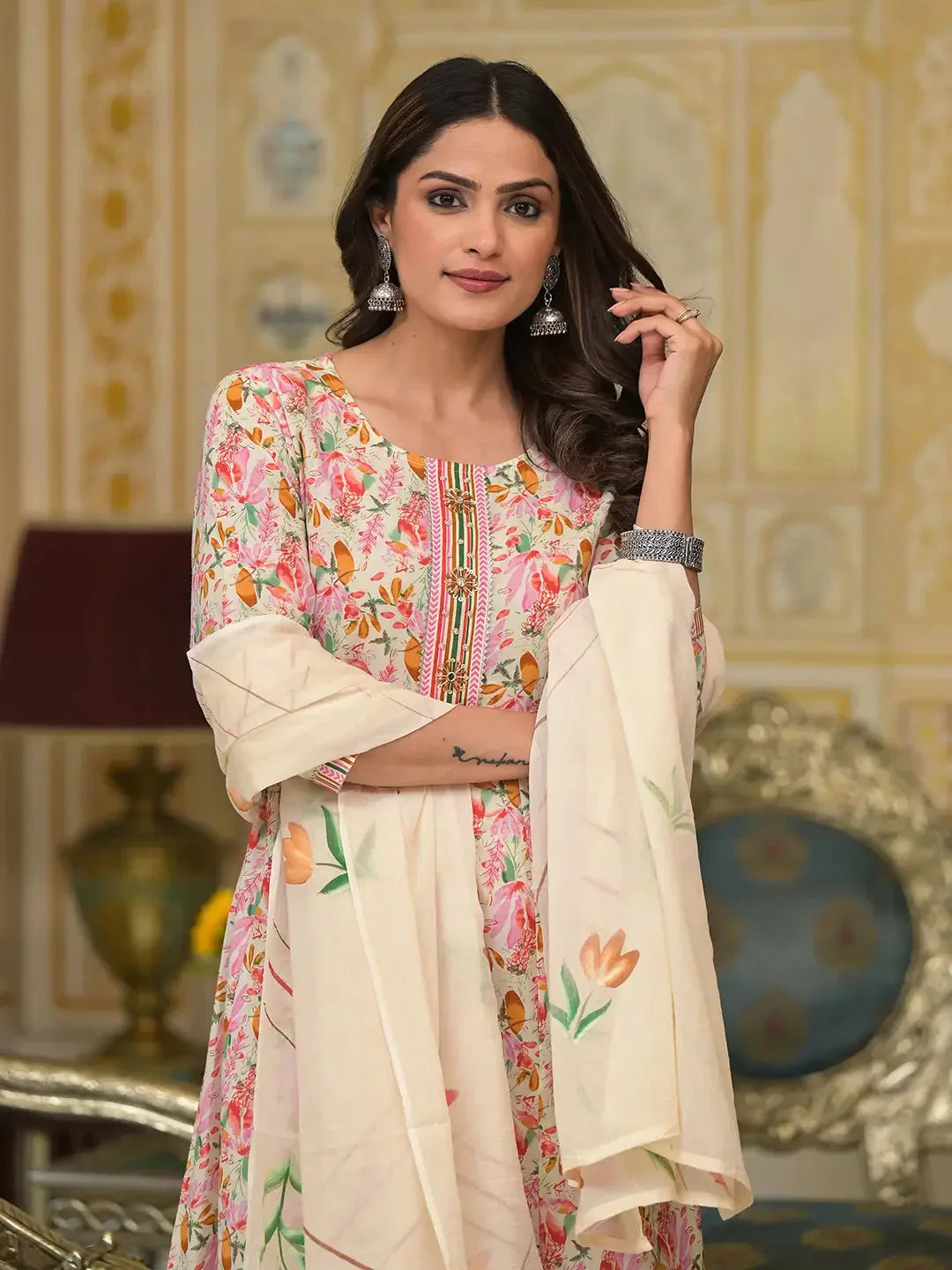 Yufta Pink Leaf Print Zari Work Anarkali Kurta Trouser With Dupatta Set | Grocsy