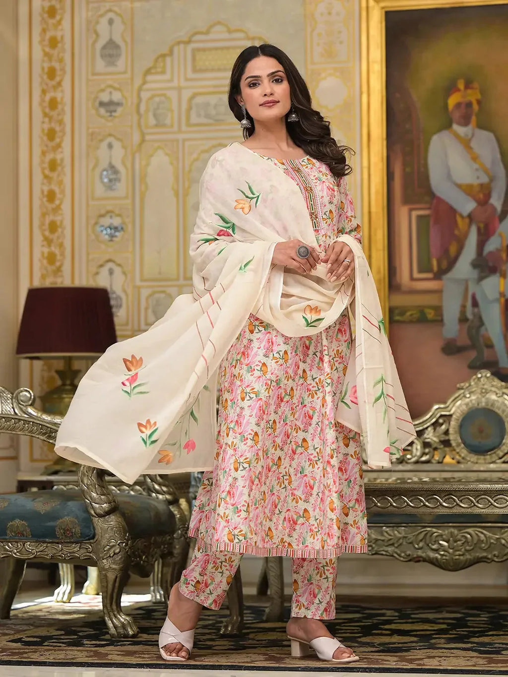 Yufta Pink Leaf Print Zari Work Anarkali Kurta Trouser With Dupatta Set | Grocsy