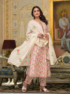 Yufta Pink Leaf Print Zari Work Anarkali Kurta Trouser With Dupatta Set | Grocsy