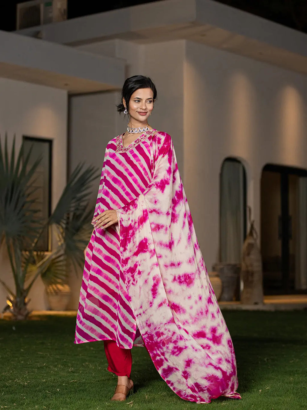 Yufta Pink Leheriya Print Poly Georgette Straight Suit Set | Grocsy