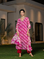 Yufta Pink Leheriya Print Poly Georgette Straight Suit Set | Grocsy