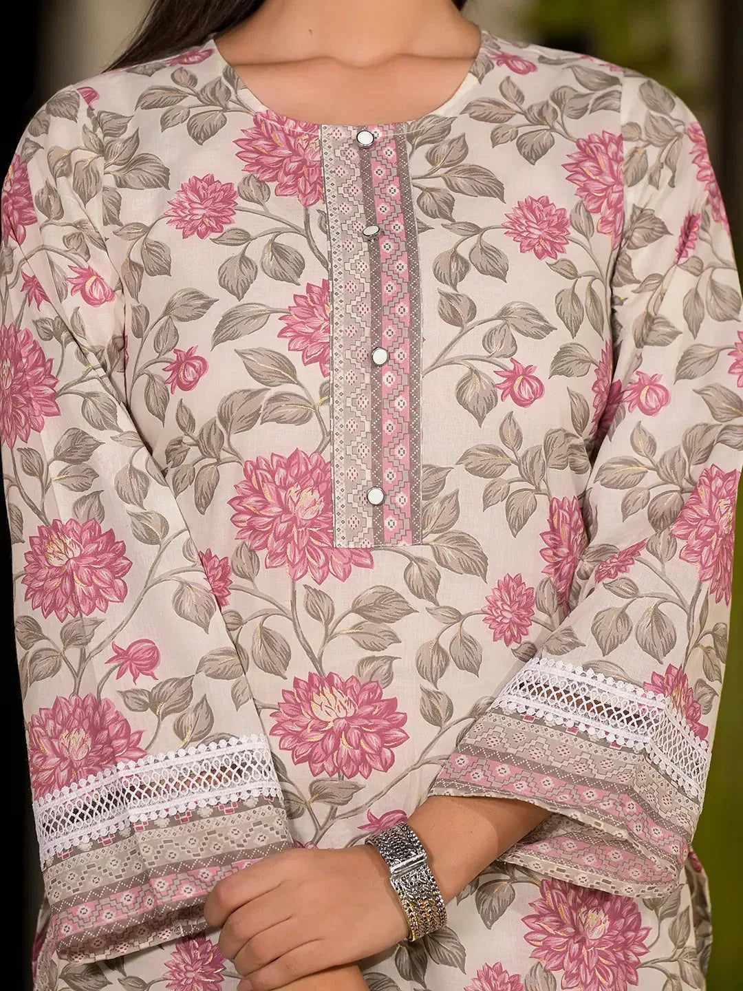 Yufta Pink Pure Cotton Floral Print Kurta With Trousers And Dupatta Set | Grocsy