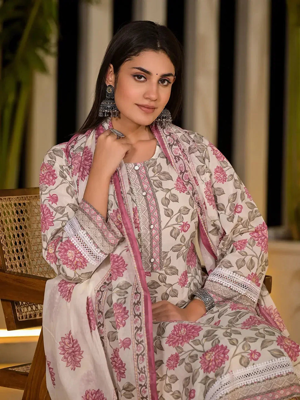 Yufta Pink Pure Cotton Floral Print Kurta With Trousers And Dupatta Set | Grocsy