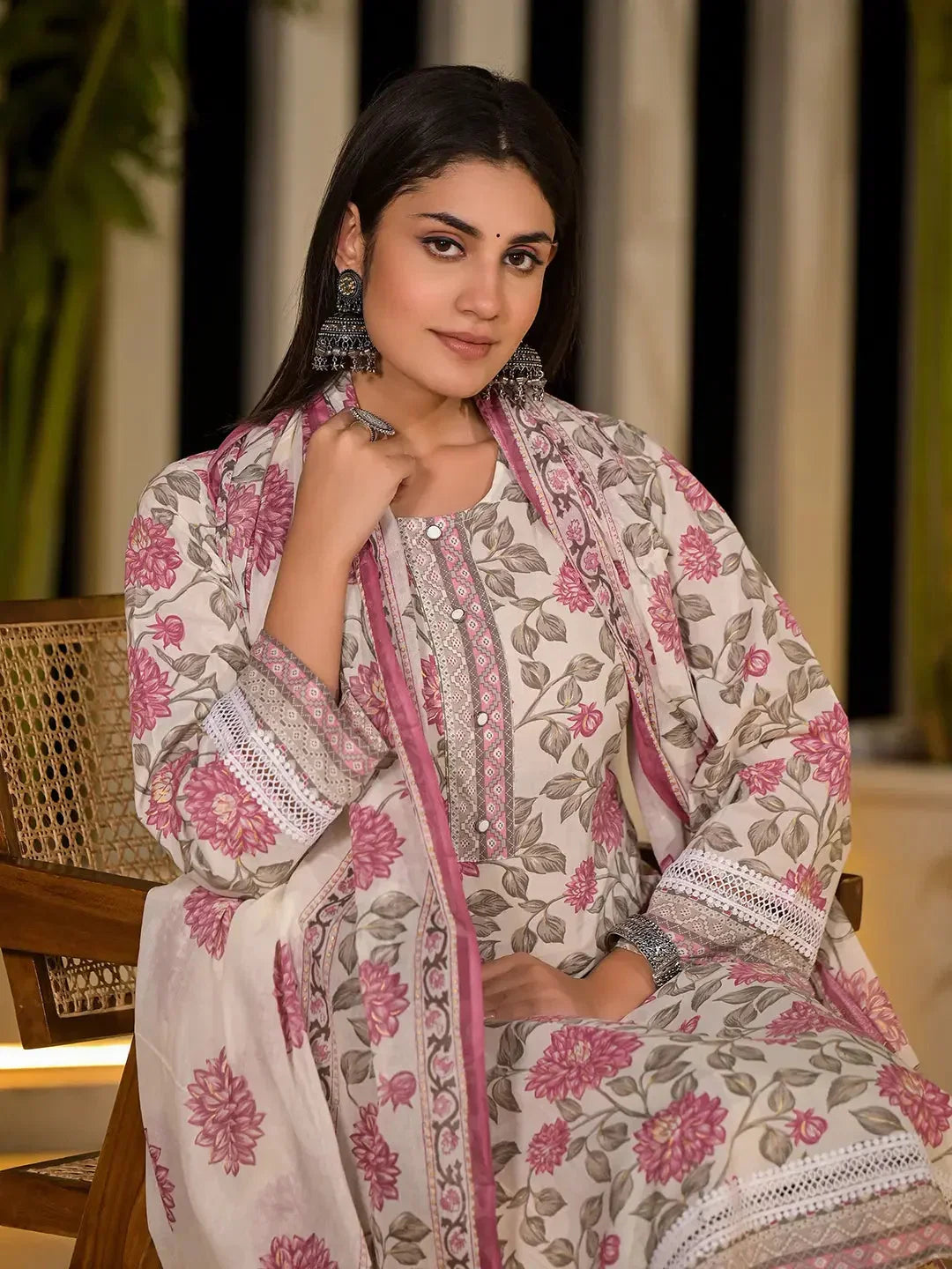 Yufta Pink Pure Cotton Floral Print Kurta With Trousers And Dupatta Set | Grocsy