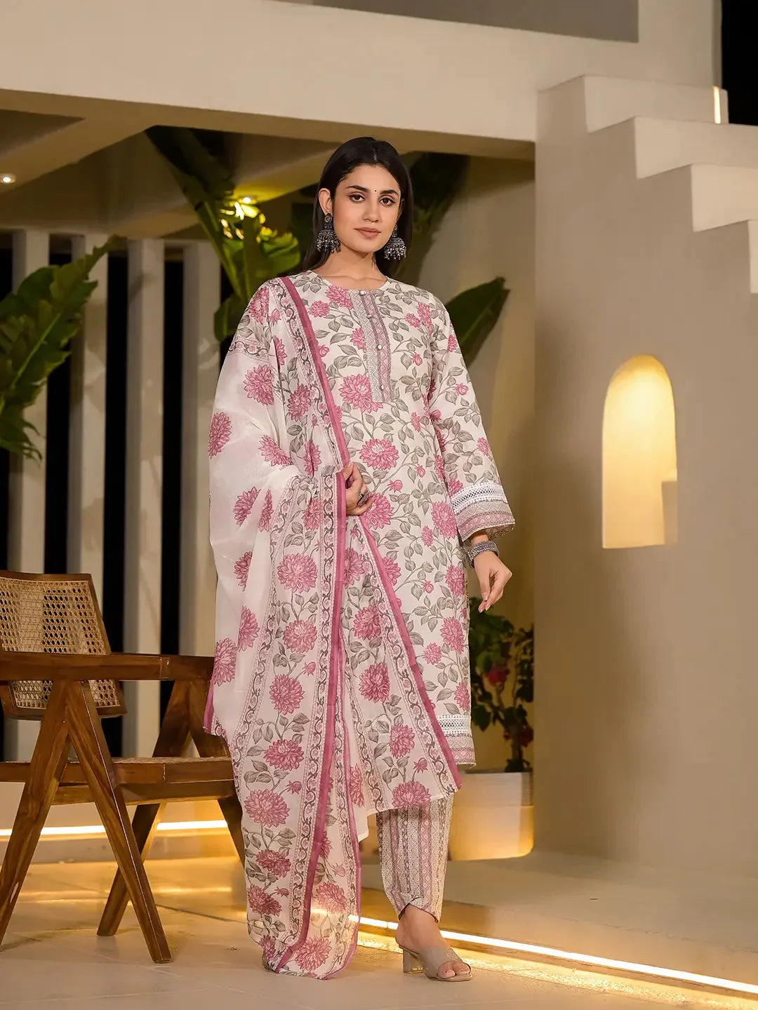 Yufta Pink Pure Cotton Floral Print Kurta With Trousers And Dupatta Set | Grocsy