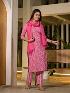 Yufta Pink Pure Cotton Floral Print Straight Kurta With Trousers And Dupatta Set | Grocsy