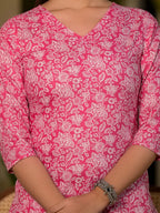 Yufta Pink Pure Cotton Floral Print Straight Kurta With Trousers And Dupatta Set | Grocsy