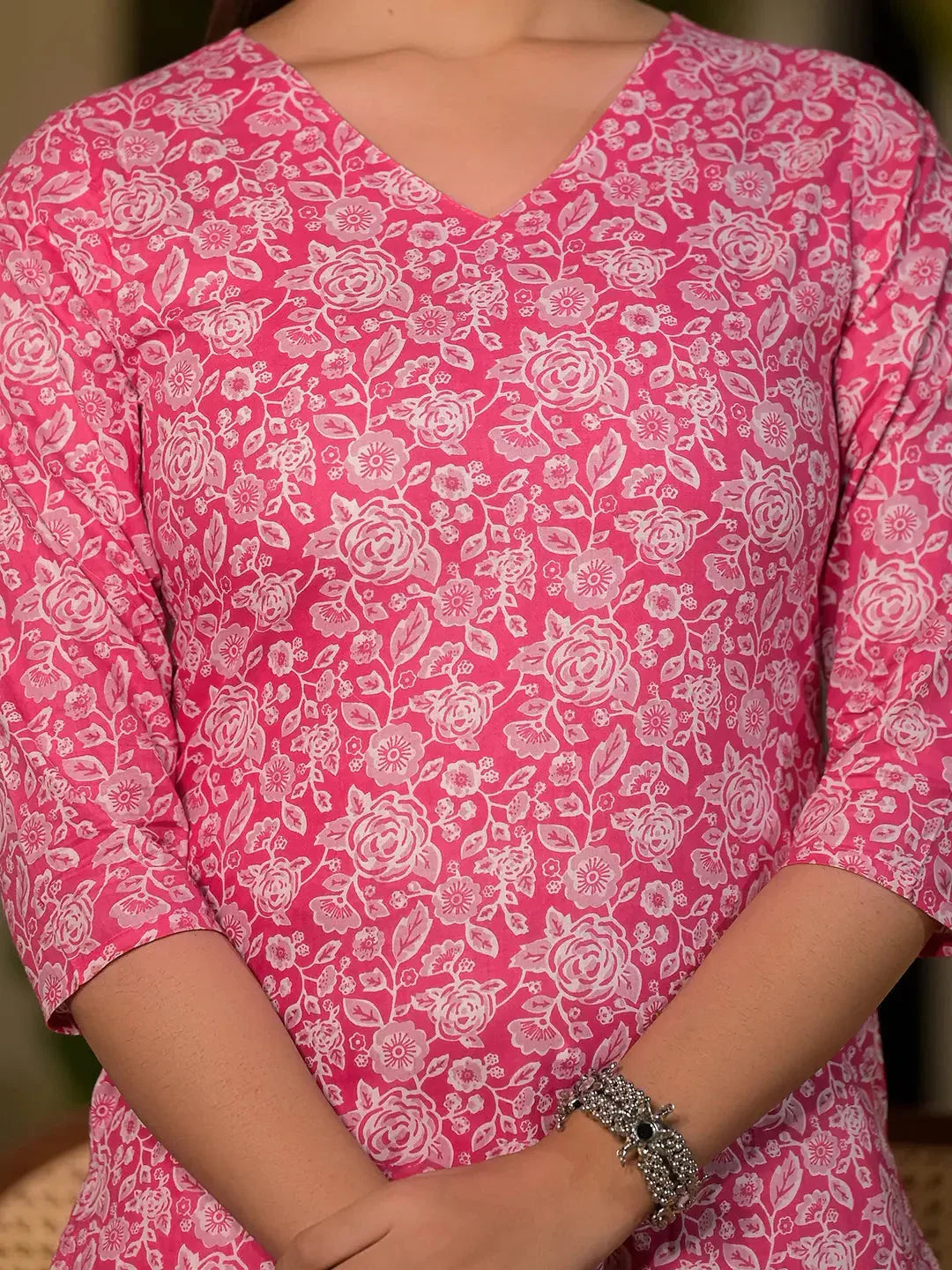 Yufta Pink Pure Cotton Floral Print Straight Kurta With Trousers And Dupatta Set | Grocsy