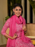 Yufta Pink Pure Cotton Floral Print Straight Kurta With Trousers And Dupatta Set | Grocsy
