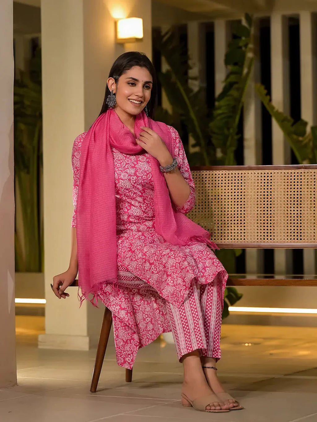 Yufta Pink Pure Cotton Floral Print Straight Kurta With Trousers And Dupatta Set | Grocsy