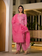Yufta Pink Pure Cotton Floral Print Straight Kurta With Trousers And Dupatta Set | Grocsy