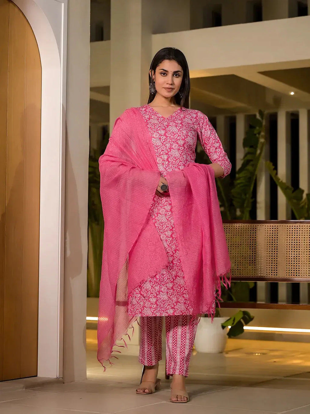 Yufta Pink Pure Cotton Floral Print Straight Kurta With Trousers And Dupatta Set | Grocsy
