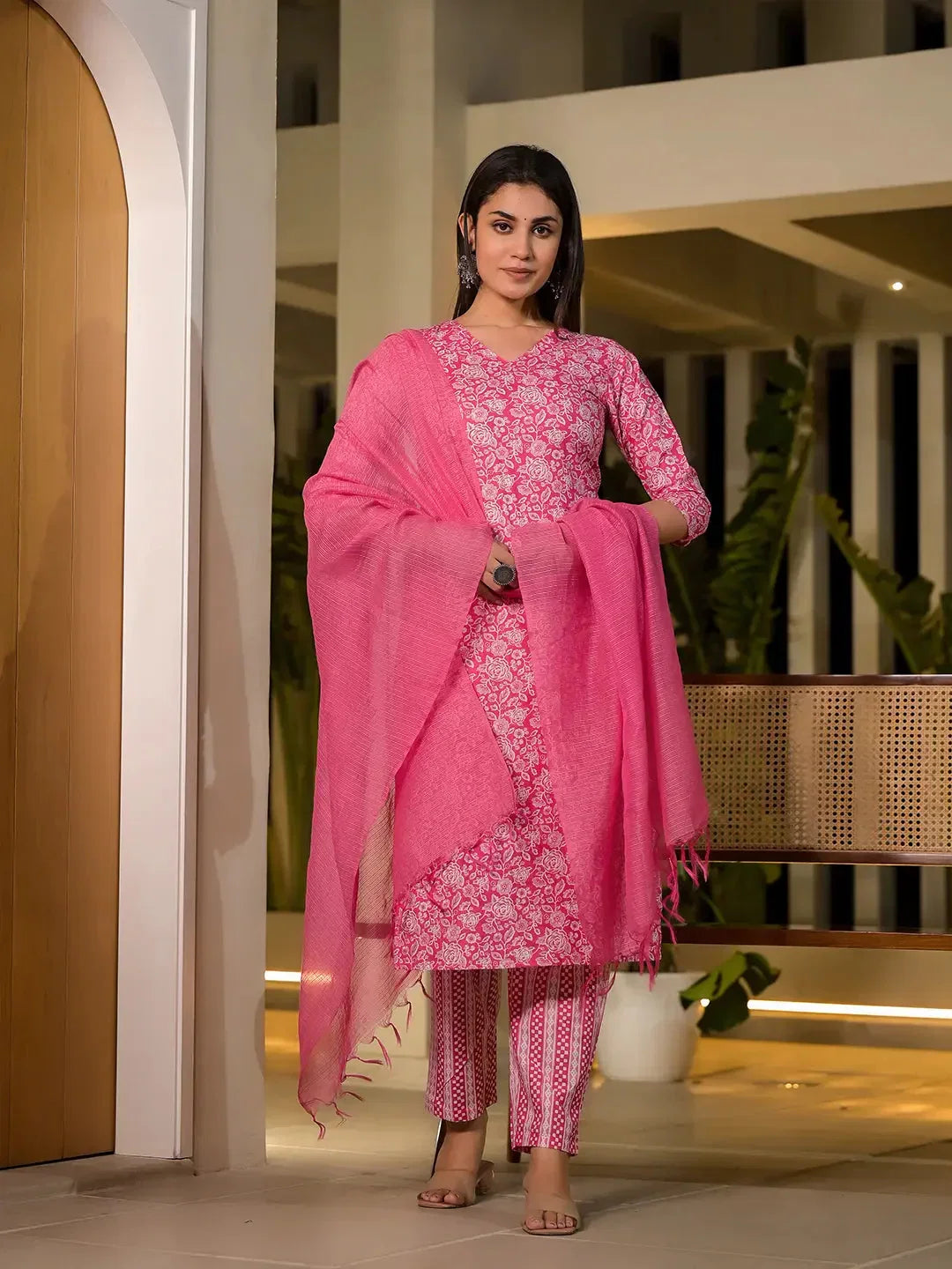 Yufta Pink Pure Cotton Floral Print Straight Kurta With Trousers And Dupatta Set | Grocsy