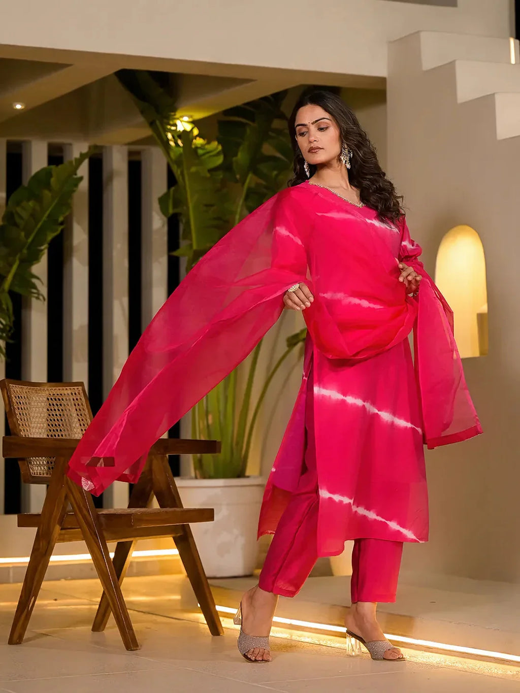 Yufta Pink Tie And Dye Chanderi Silk Kurta With Trousers With Dupatta Set | Grocsy