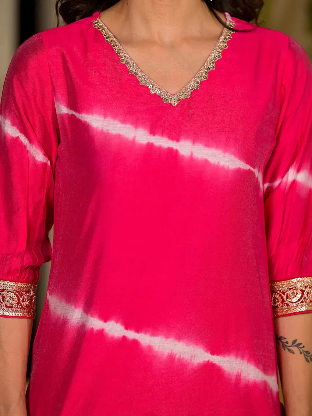 Yufta Pink Tie And Dye Chanderi Silk Kurta With Trousers With Dupatta Set | Grocsy